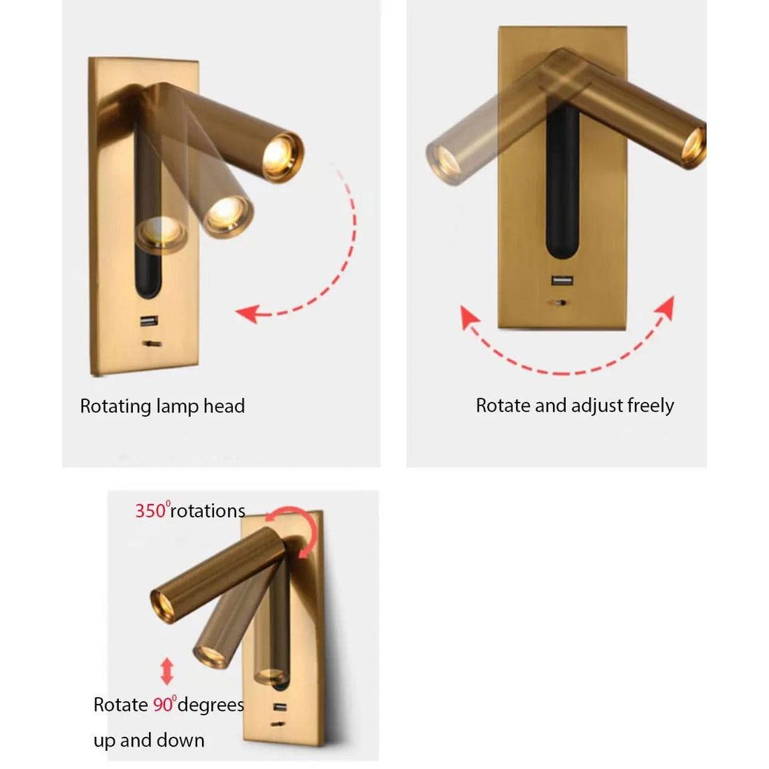 Verthara Adjustable USB Charging Wall Lamp with 350° Rotation – Modern Wall Sconce Lighting for Bedside and Hotel Use Warm White (2700-3500K) / Gold / B