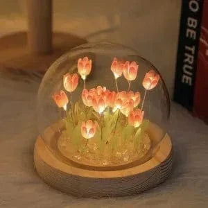 Verthara DIY Tulip LED Night Light – Battery Operated - Colourful - Wooden Base - Indoor Decor - Charming Gift Idea Orange