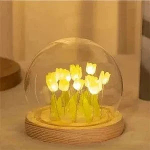 Verthara DIY Tulip LED Night Light – Battery Operated - Colourful - Wooden Base - Indoor Decor - Charming Gift Idea Yellow