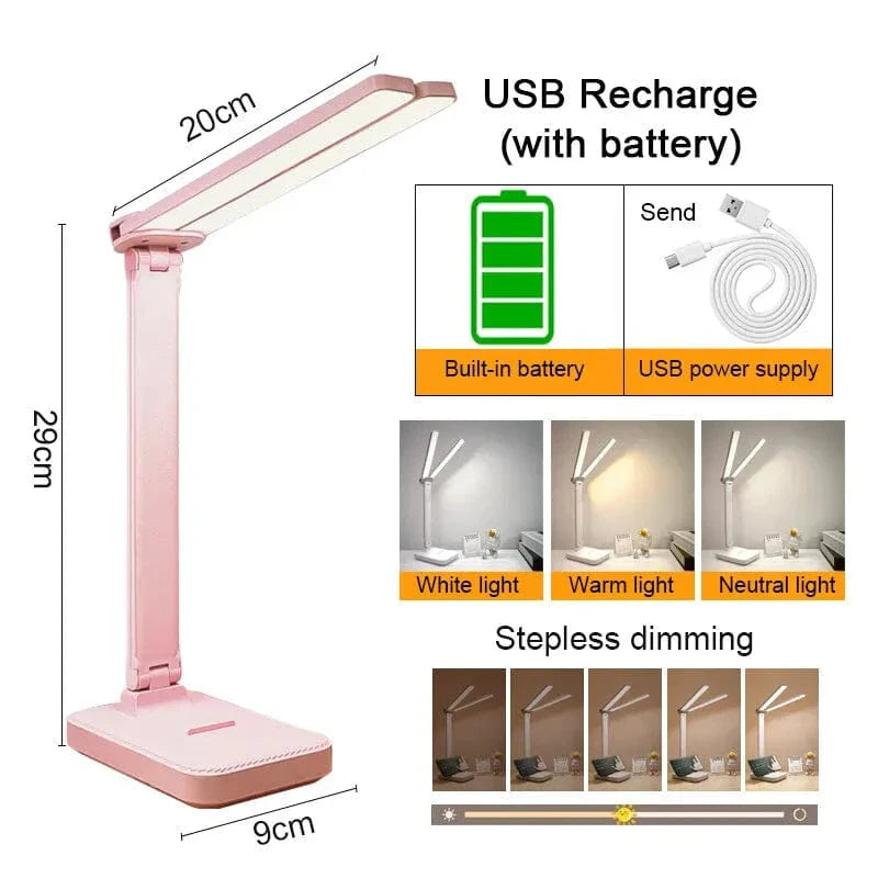 Verthara LED Desk Lamp - Cordless - USB Rechargeable - Dimmable - Foldable Design - Eye Protection - Available in Multiple Colours Pink Rechargeable