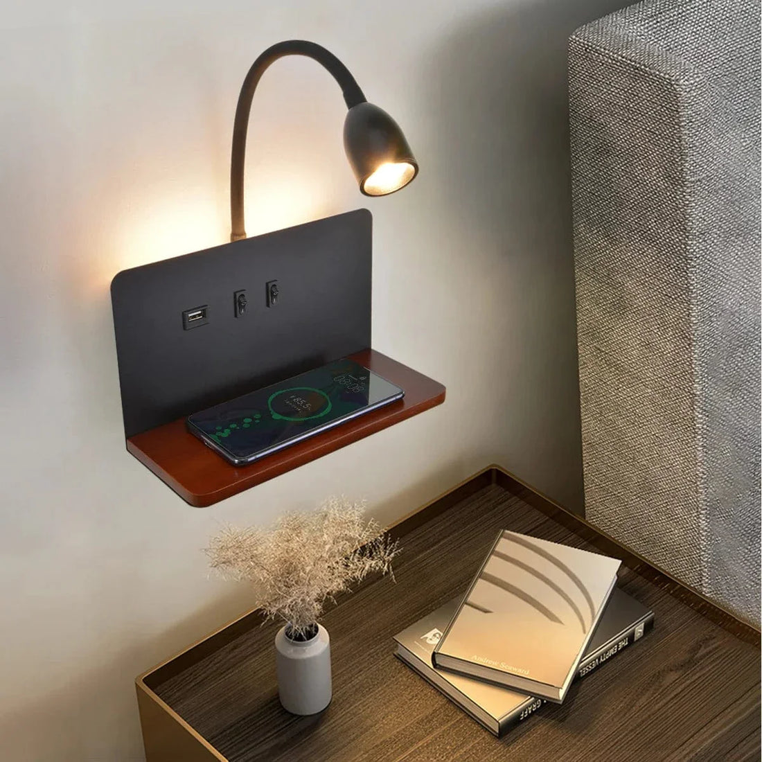 Verthara LED Wall Light With USB Interface – Wireless Charging - Modern - 360° Rotation - Adjustable Bedside Night Light