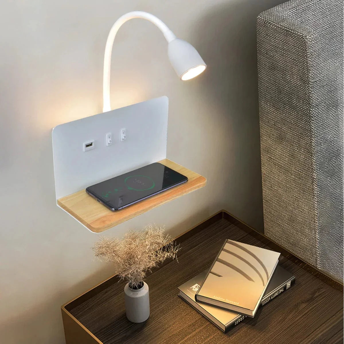 Verthara LED Wall Light With USB Interface – Wireless Charging - Modern - 360° Rotation - Adjustable Bedside Night Light