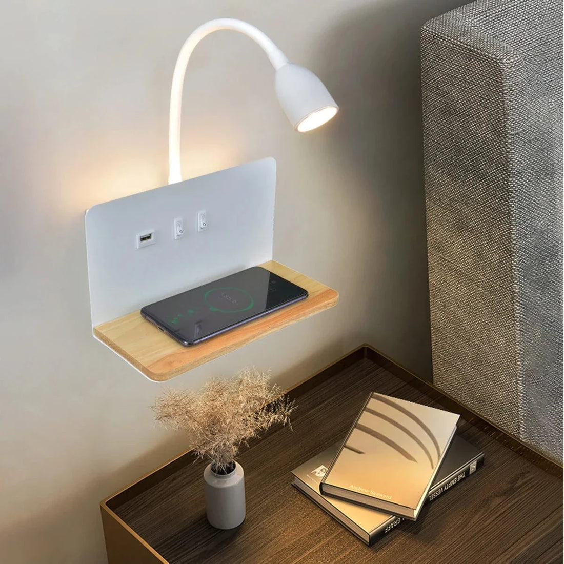 Verthara LED Wall Light With USB Interface – Wireless Charging - Modern - 360° Rotation - Adjustable Bedside Night Light