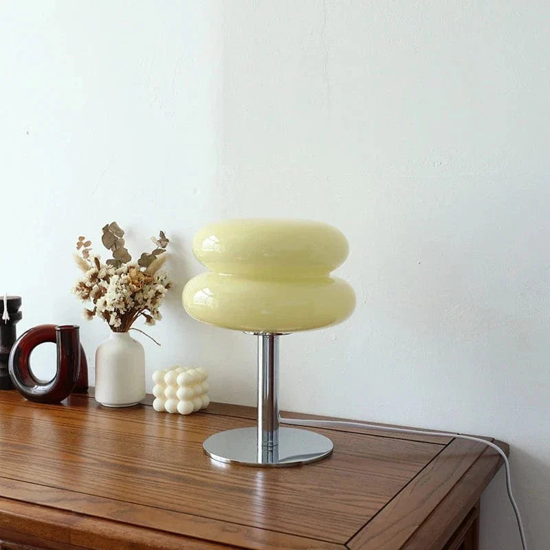 Verthara Macaron Glass Table Lamp - Corded - Trichromatic Dimming - Eye Protection - Modern Design - Stylish Bedroom Lamp - E27 Bulb Compatible USB / Cream Color