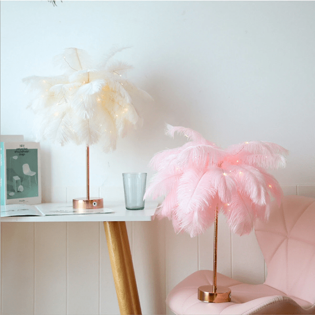 Verthara Ostrich Feather Design Palm Tree Rechargeable Table Lamps