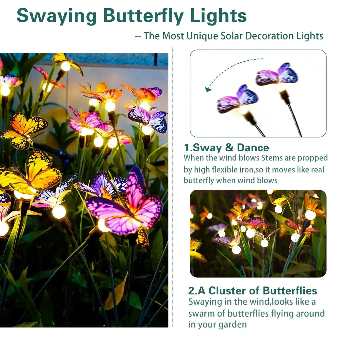 Verthara Solar Garden Light With 8 Modes – Outdoor Decorative Lamp - Durable - Weather Resistant - Unique Butterfly Design 8 LEDs 8 modes / 1 pc