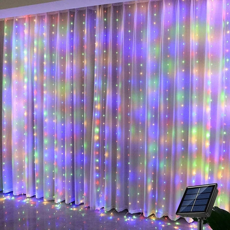 Verthara Solar LED Curtain Light - Copper Wire String Lights Multicolor Light / 3x2m 200LEDs