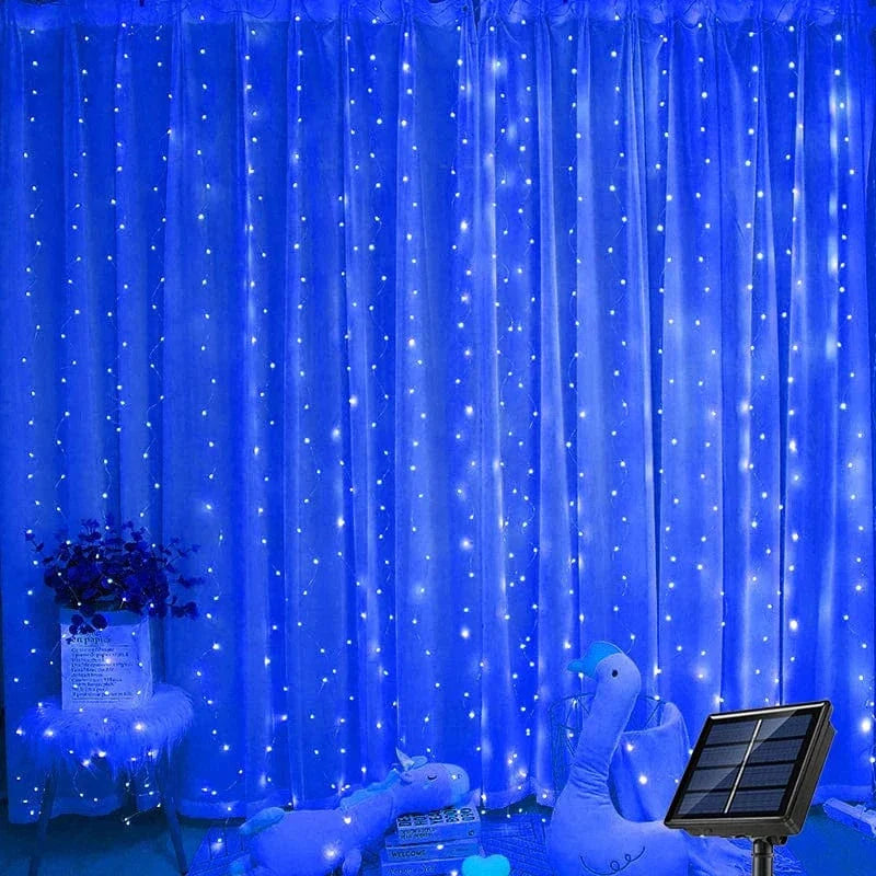 Verthara Solar LED Curtain Light - Copper Wire String Lights Blue Light / 3x2m 200LEDs