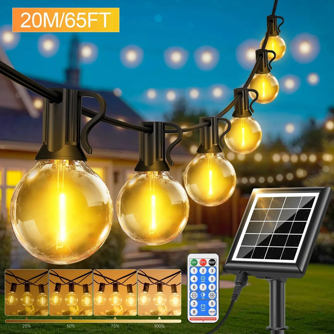 Verthara Solar LED String Lights – 20m - G40 Bulbs - Waterproof - Dimmable - USB & Solar Charging - 8 Lighting Modes - Ideal For Outdoor Decoration Default